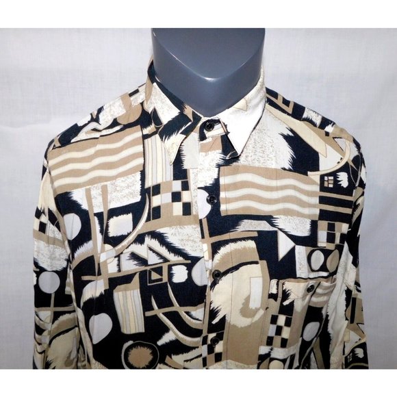 VTG Natural Issue By Feldini Men L Tan Black Geometric Shapes rayon Button Shirt - Picture 4 of 11